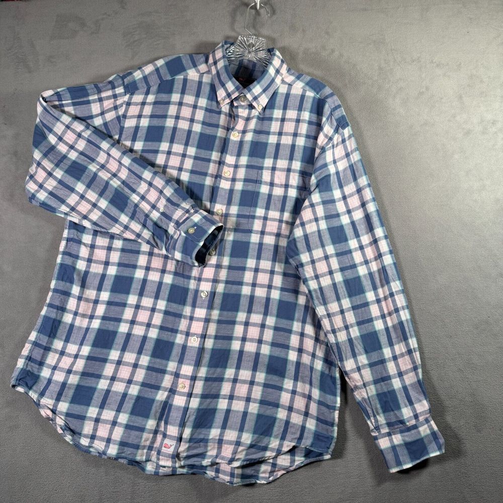 Vineyard Vines Shirt Men L Blue Pink Plaid Classic Fit Murray Button Linen Blend